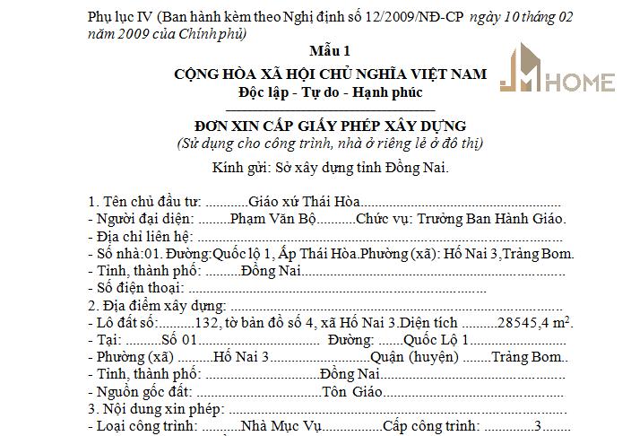 Mẫu đơn xin giấy phép xây dựng nhà cấp 4 đúng chuẩn
