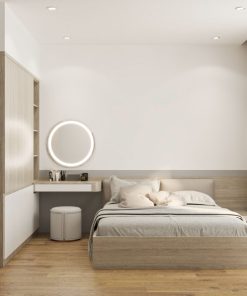 Phòng ngủ đơn giản được bố trí kế bàn trang điểm giúp tiết kiệm không gian sống ở nhà phố 1 trệt 2 lầu
