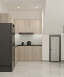 phòng bếp ngay dưới cầu thang nhưng vẫn rộng rãi thoải mái giúp bạn chế biến những món ăn