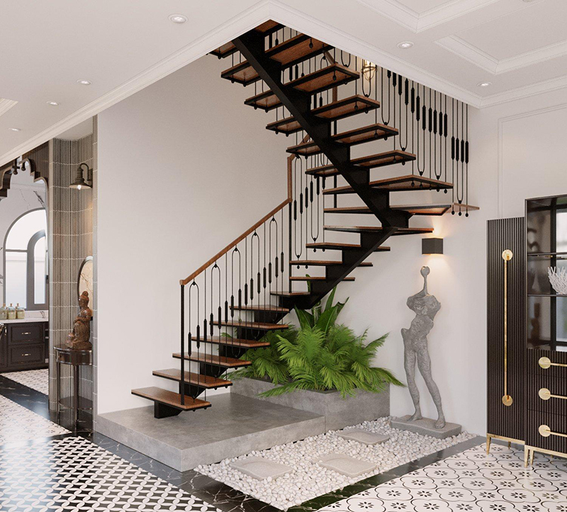 Cầu thang xương cá là một mẫu thiết kế cầu thang tuy phổ biến nhưng độc đáo