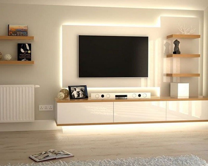 Mẫu kệ tivi hiện đại với thiết kế mở kèm đèn