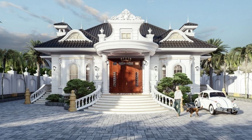 Mẫu biệt thự 1 tầng kiểu châu Âu thiết kế theo phong cách tân cổ điển