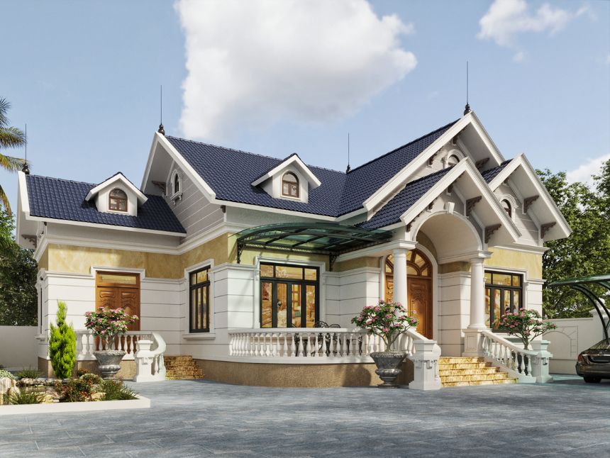 Mẫu biệt thự 1 tầng kiểu châu Âu thiết kế với mái Thái sang trọng