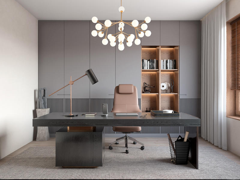 Phòng làm việc sáng tạo với màu xám chủ đạo