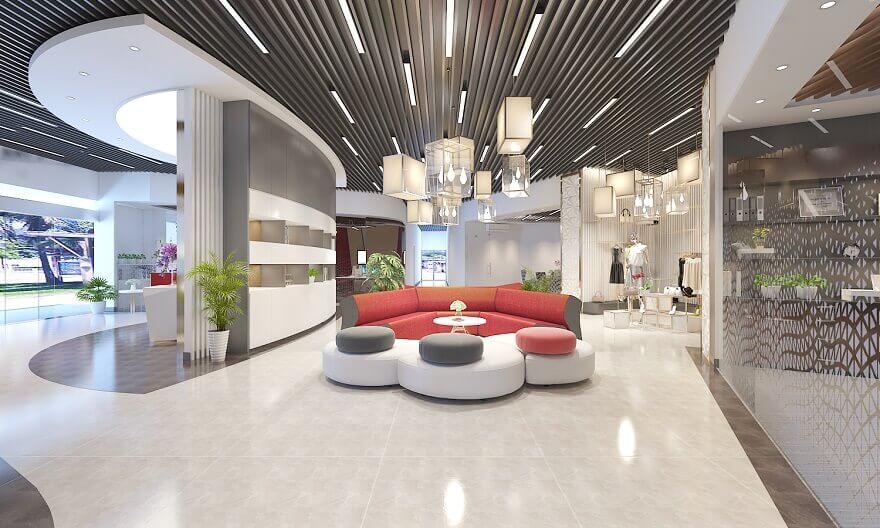 Mẫu sảnh văn phòng đa năng kiêm trưng bày sản phẩm quần áo