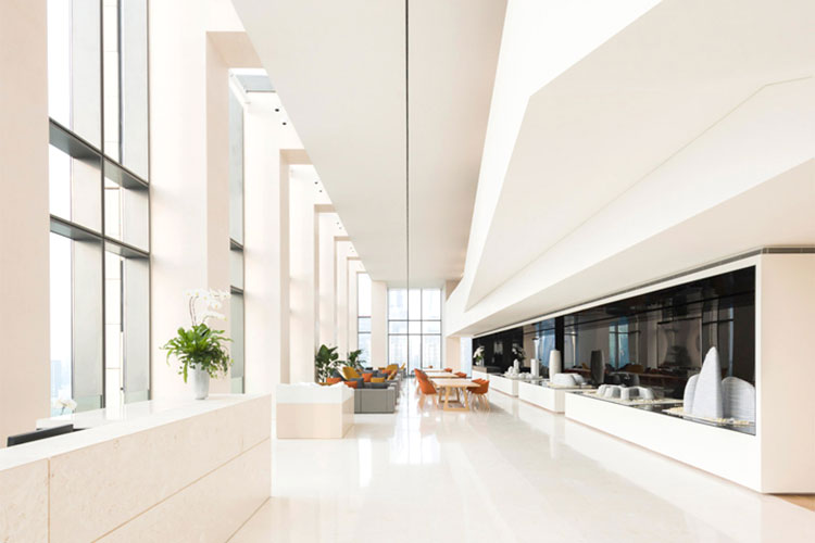 Thiết kế sảnh văn phòng sang trọng với gam màu trắng chủ đạo