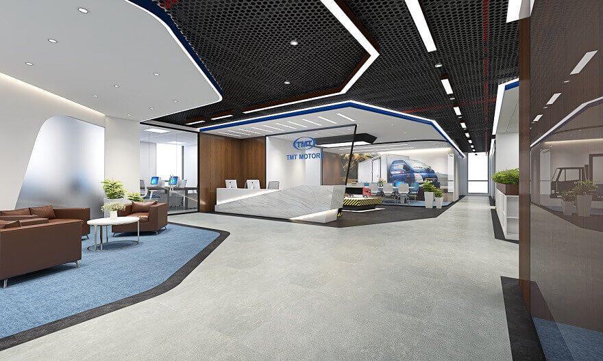 Thiết kế sảnh văn phòng không gian mở cùng với vách ngăn bằng kính theo phong cách mới