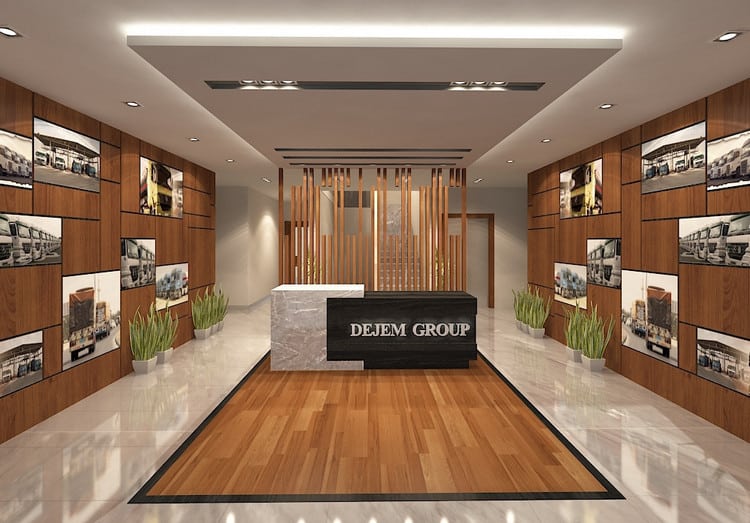 Sảnh văn phòng được trang trí với vật liệu gỗ, tạo nên điểm nhấn thanh lịch, hiện đại