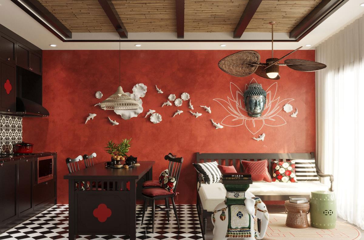 Căn hộ được thiết kế theo phong cách Đông Dương trộn lẫn với màu đỏ chủ đạo tạo