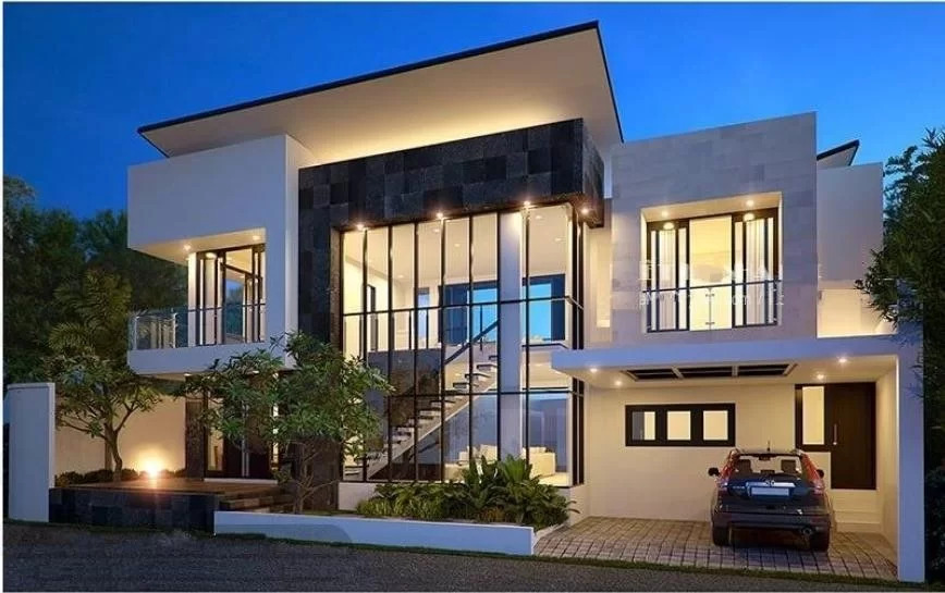 Nhà 2 tầng với hệ cửa kính lớn hiện đại