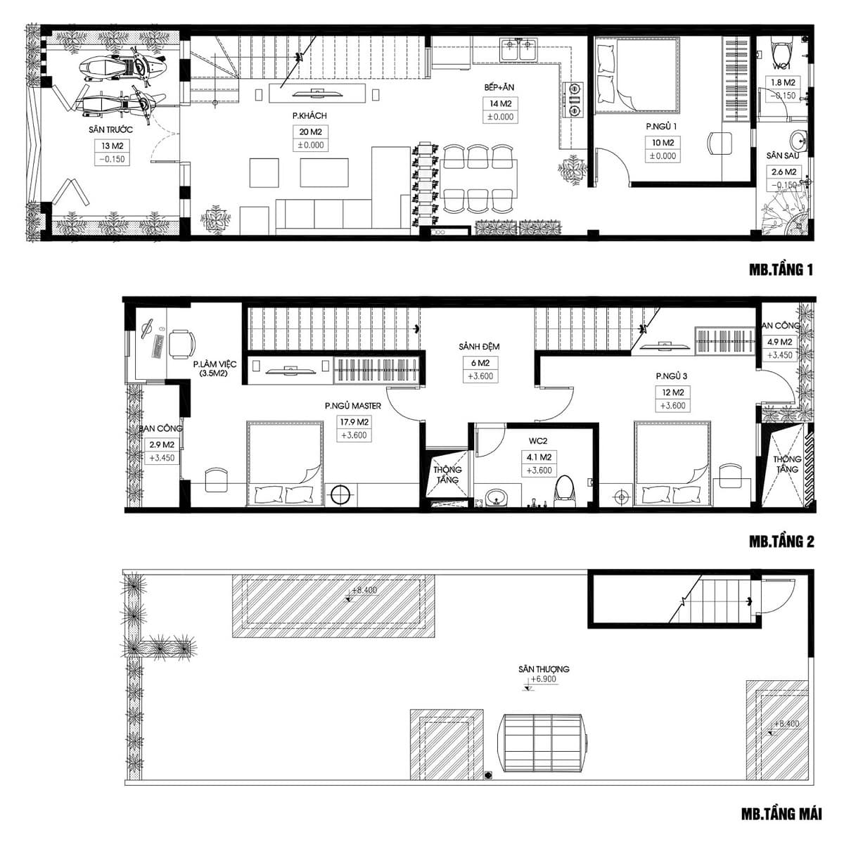 Bản vẽ thiết kế nhà 2 tầng với sân thượng