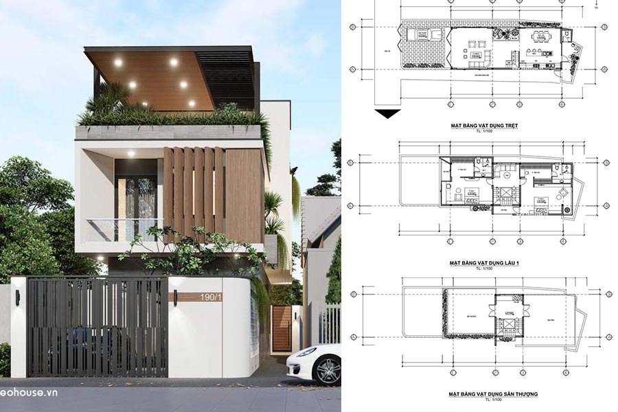 Bản vẽ thiết kế nhà 2 tầng với ban công rộng rãi