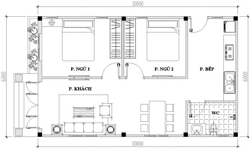 Bản vẽ thiết kế nhà 1 tầng đơn giản với 2 phòng ngủ