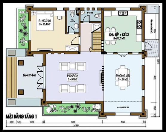 Bản vẽ nhà 1 tầng có sân vườn thoáng mát
