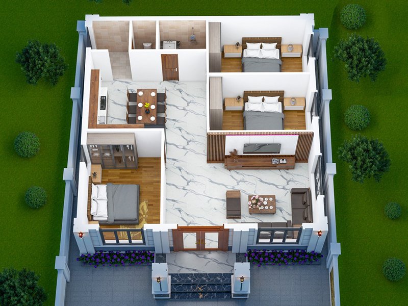 Bản vẽ thiết kế nhà cấp 4 với hiệu ứng 3D, phong cách tối giản nhưng có gu