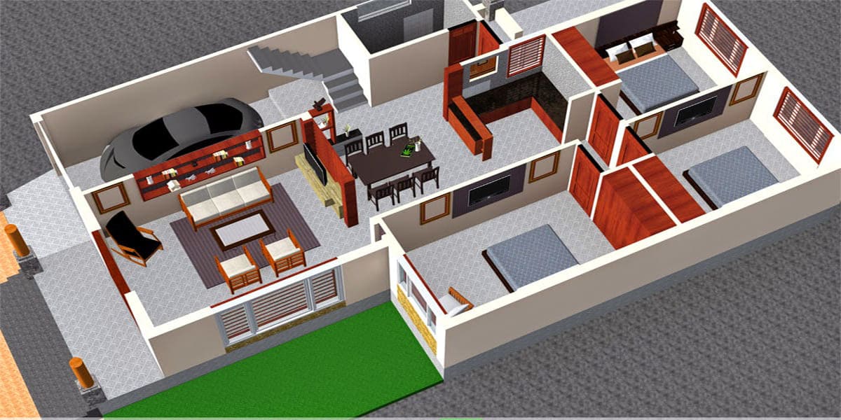 Bản vẽ thiết kế nhà cấp 4 3D với phòng khách rộng