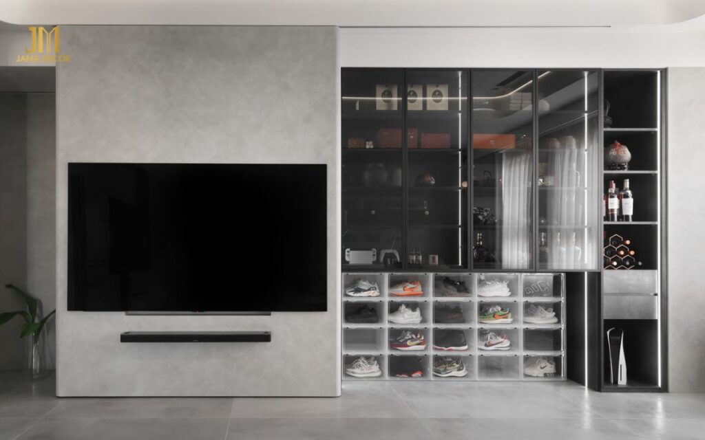 Không gian phòng khách mẫu thiết kế chung cư 2 phòng ngủ 50m2 phong cách tối giản