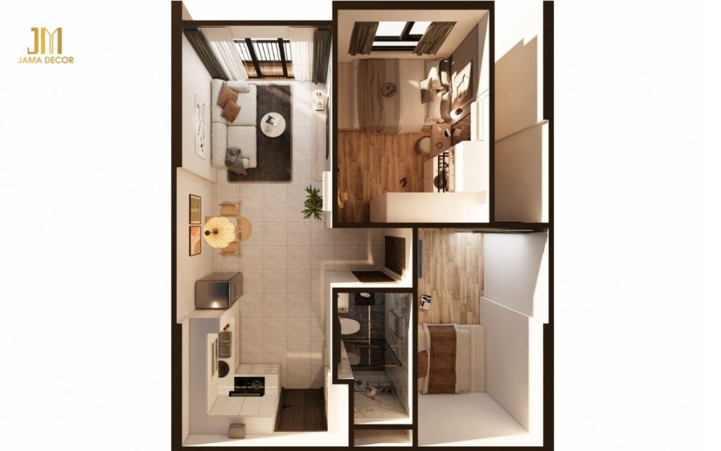 Tham khảo mẫu thiết kế nội thất chung cư 2 phòng ngủ 50m2 