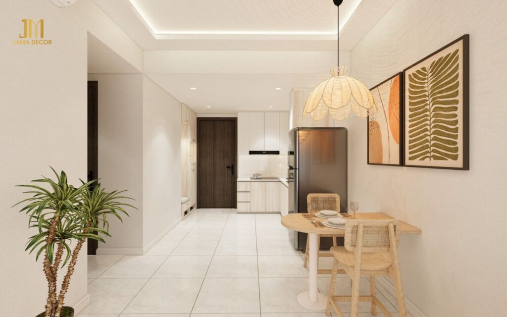 Không gian phòng bếp sáng màu với hệ thống đèn âm trần tạo sự gọn gàng