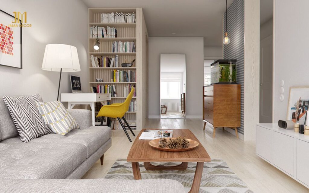 Mẫu thiết kế nội thất chung cư 2 phòng ngủ 60m2 phong cách hiện đại màu trắng sàn gỗ