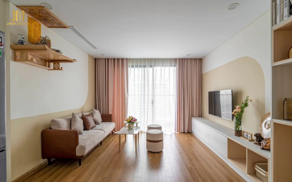 Mẫu thiết kế nội thất chung cư 2 phòng ngủ 60m2 sàn gỗ 