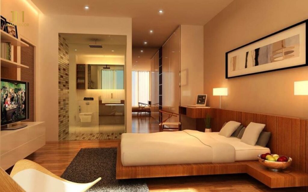 Mẫu thiết kế phòng ngủ 25m2 với WC thiết kế sang trọng