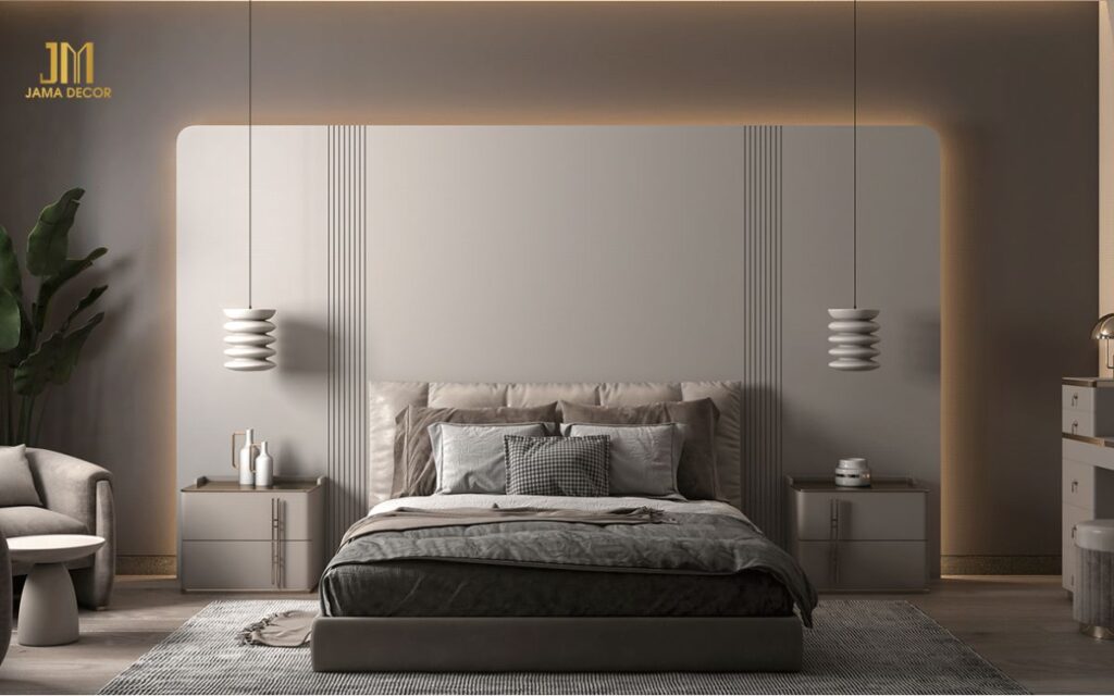 Mẫu nội thất phòng ngủ 25m2 phong cách hiện đại với tông màu trắng - xám