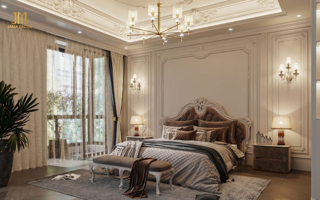 Mẫu thiết kế nội thất phòng ngủ 25m2 phong cách Tân Cổ Điển với gam màu nâu vàng