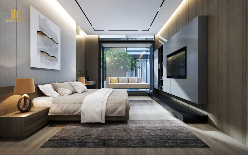 Hệ thống chiếu sáng thông minh với đèn LED âm trần, đèn treo tường và đèn đọc sách để tạo nhiều lớp ánh sáng khác nhau