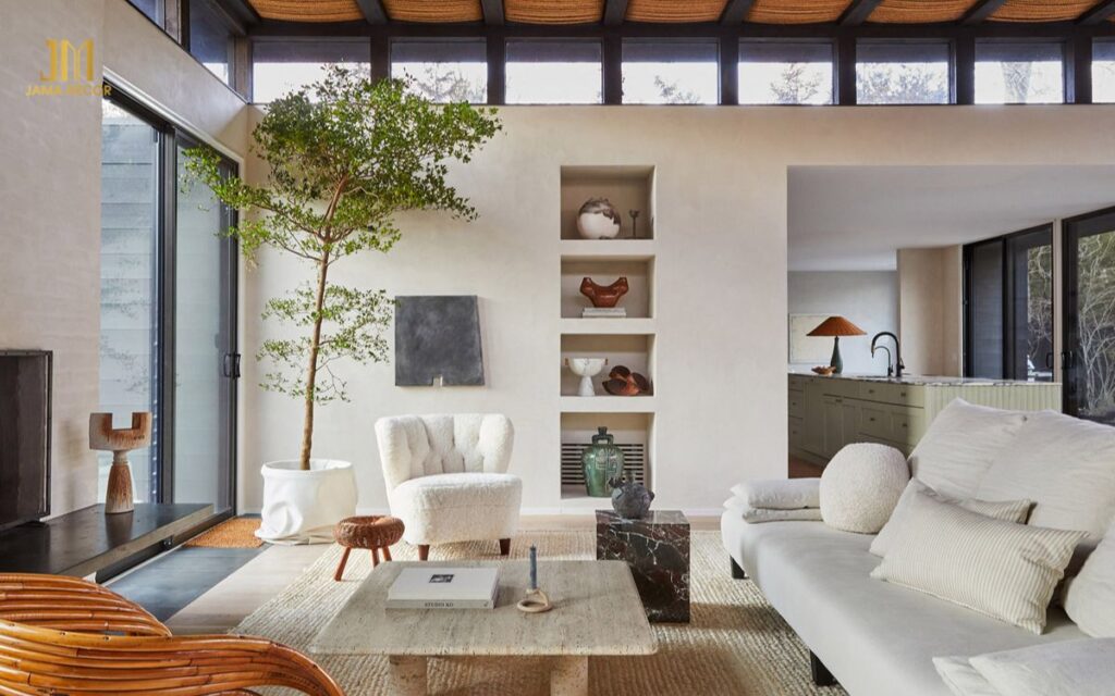 Mẫu thiết kế nội thất phòng khách 20m2 phong cách Vintage màu trắng