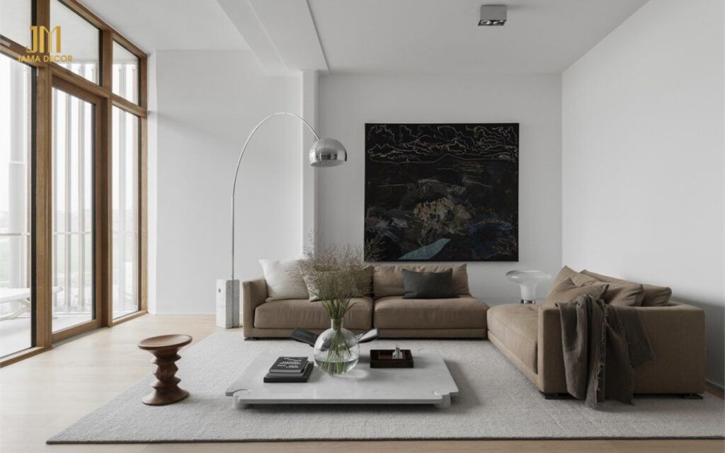 Mẫu thiết kế nội thất phòng khách 20m2 tối giản nội thất