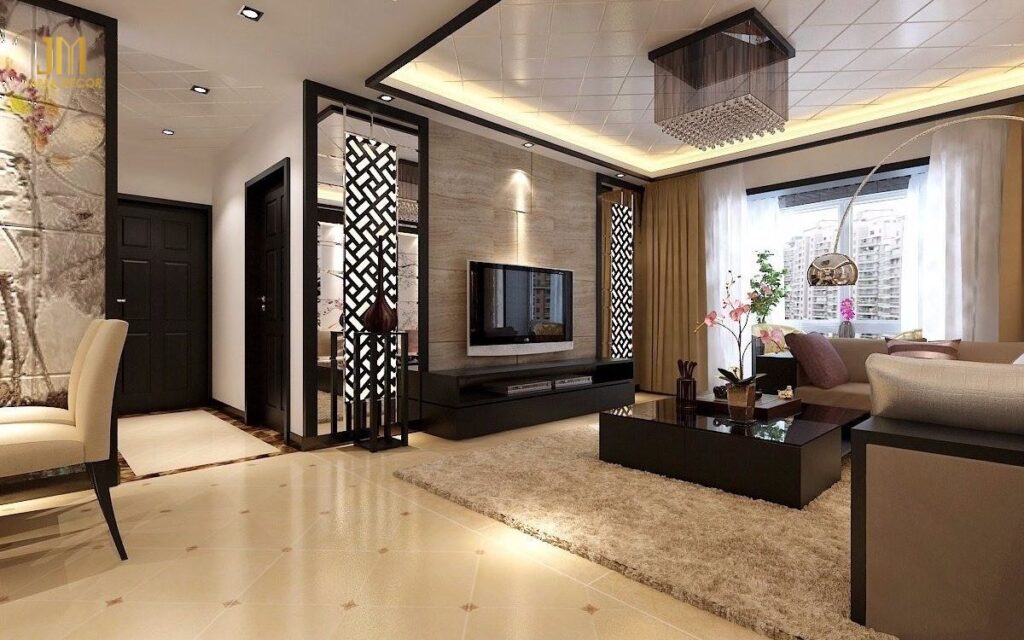 Mẫu thiết kế nội thất phòng khách 20m2 sử dụng nội thất có màu sắc tương phản