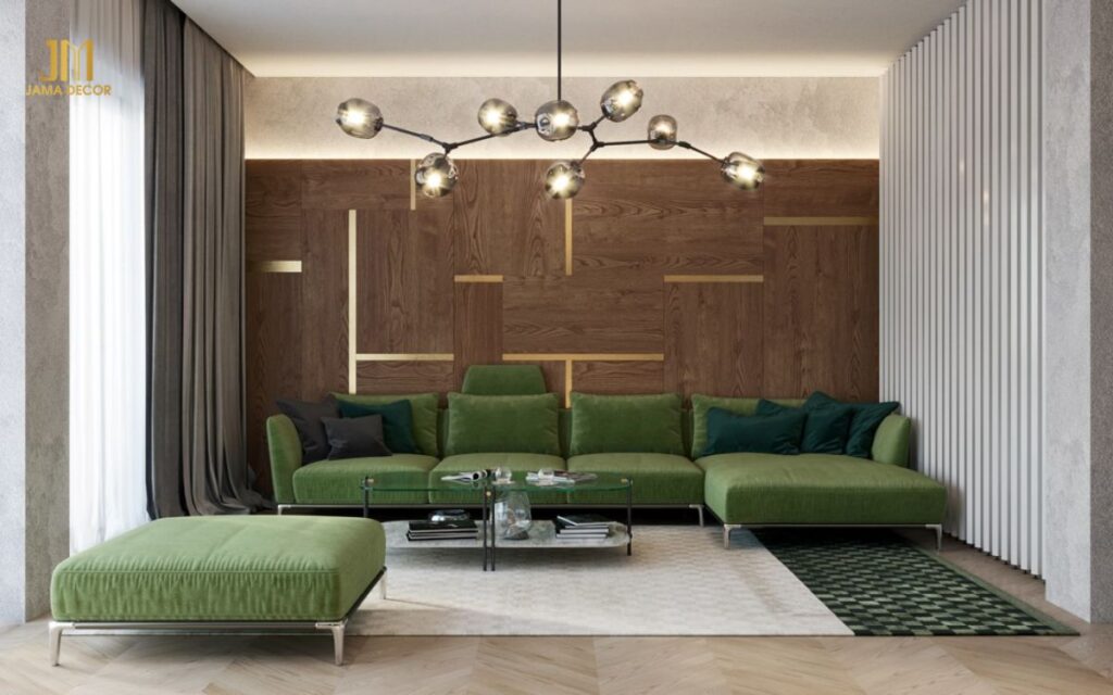 Mẫu thiết kế nội thất phòng khách 20m2 nội thất màu xanh nổi bật