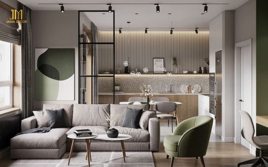 Mẫu thiết kế nội thất phòng khách 20m2 màu trung tính