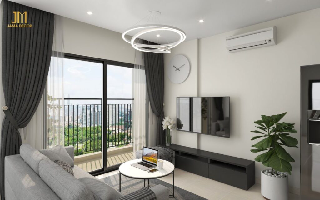 Mẫu thiết kế nội thất phòng khách 20m2 màu sáng tạo cảm giác rộng rãi