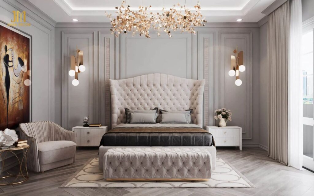 Mẫu thiết kế nội thất cho phòng ngủ 14m2 phong cách Tân Cổ Điển