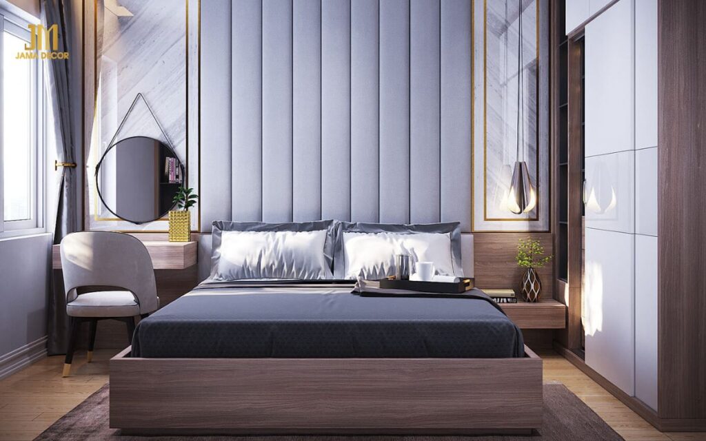 Chọn giường ngủ có thiết kế đơn giản, không quá cầu kỳ và sử dụng tủ quần áo âm tường để tiết kiệm không gian