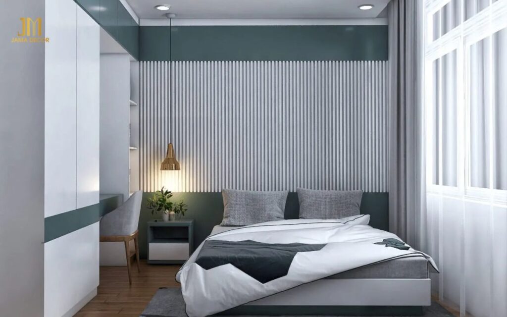 Những món đồ nội thất cần thiết cho phòng ngủ 25m2 bao gồm giường  ngủ, tủ quần áo, bàn đầu giường, đèn ngủ và gương