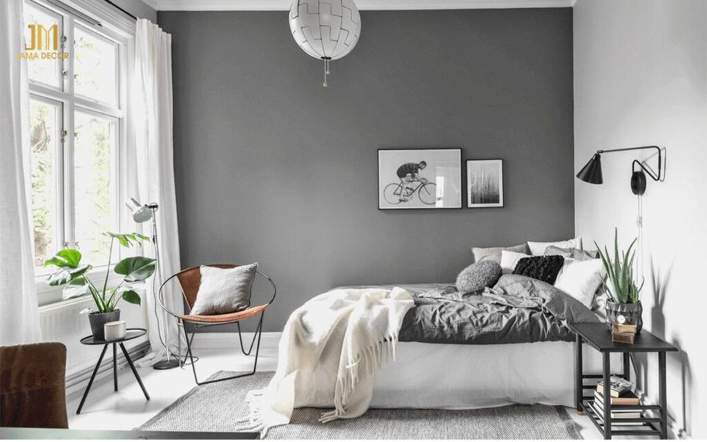 Mẫu thiết kế nội thất phòng ngủ 3x5m màu trắng có cây xanh