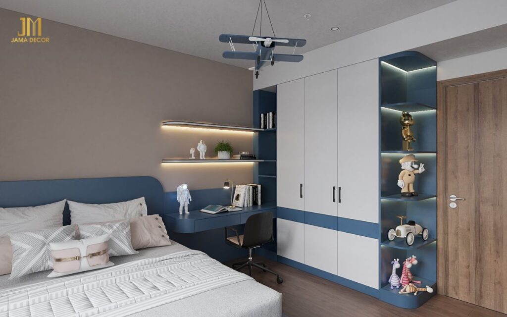 Mẫu thiết kế nội thất phòng ngủ cho bé trai với màu xanh trắng chủ đạo