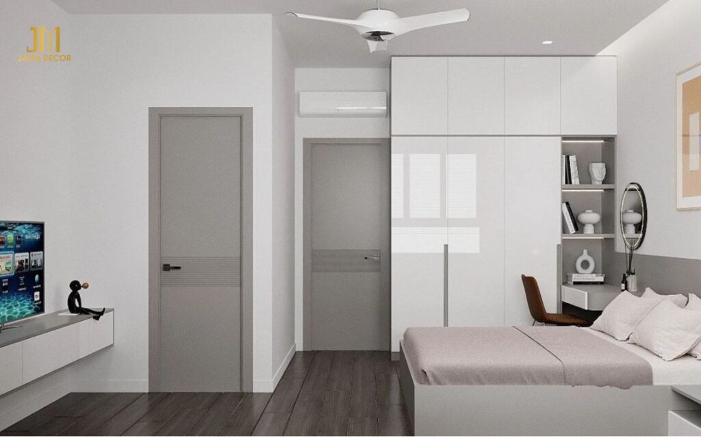 Mẫu thiết kế nội thất cho phòng ngủ 10m2 màu trắng sử dụng đồ nội thất thông minh