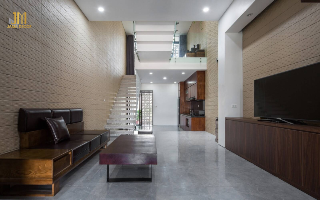 Mẫu cải tạo nhà ống lệch tầng có phòng khách rộng