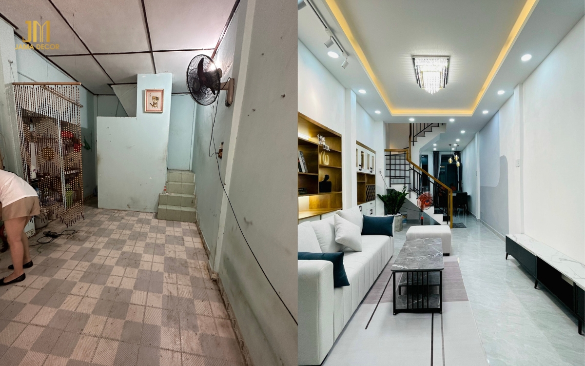 Hình ảnh phòng khách nhà ống cũ trước và sau khi cải tạo