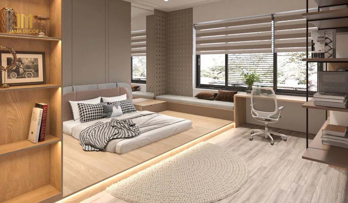 Phòng ngủ được thiết kế với gam màu ấm cúng