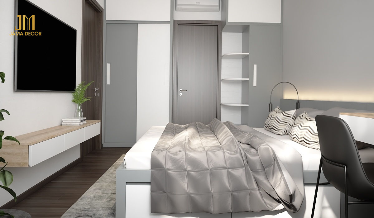 Phòng ngủ màu trắng và xám vô cùng tinh tế và hiện đại