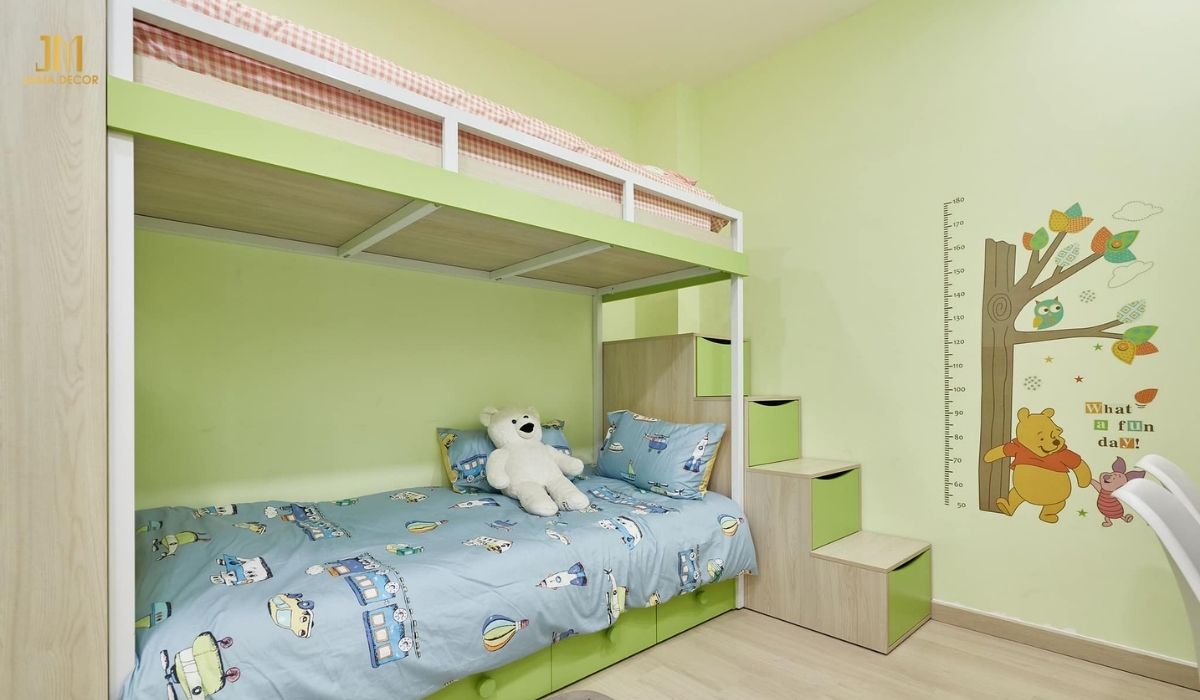Giường tầng giúp tối ưu hóa diện tích phòng ngủ, đặc biệt phù hợp với những gia đình có 2 em bé