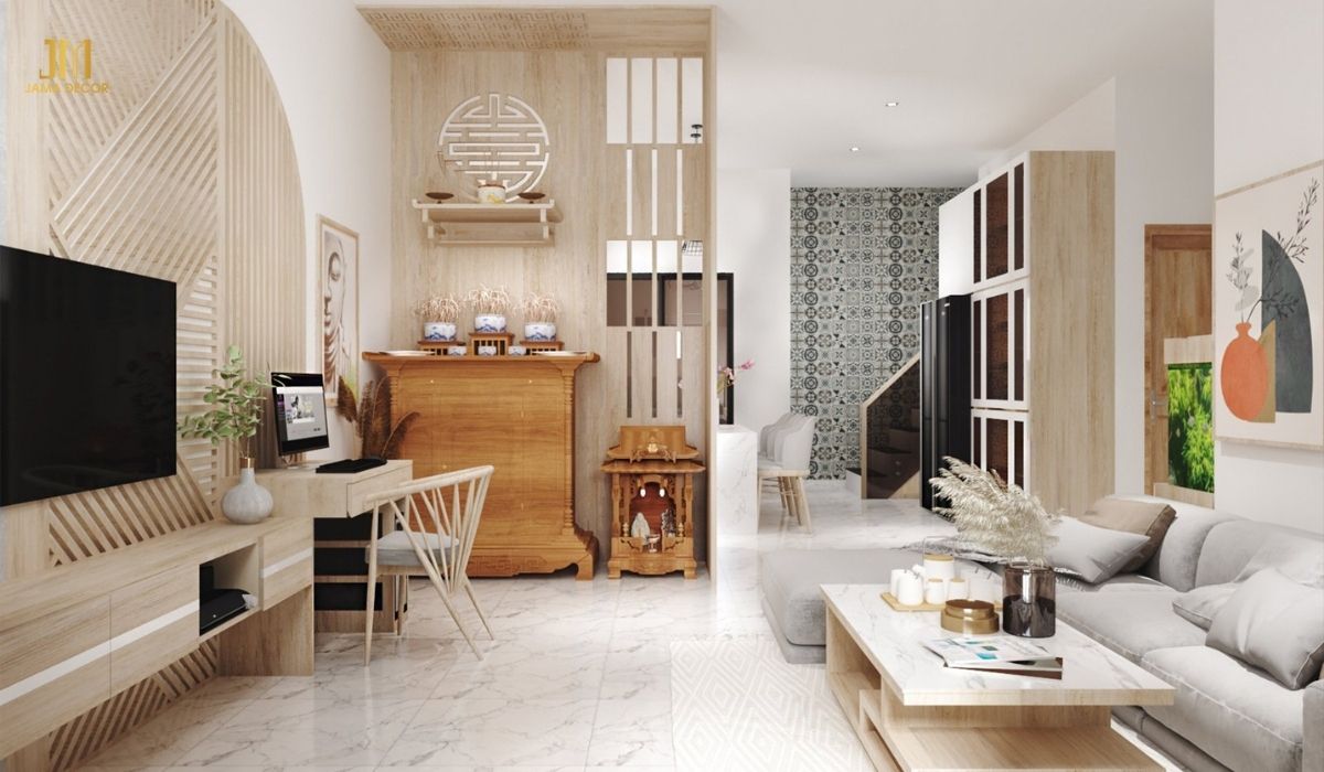 Kết hợp phòng khách và không gian thờ cúng là một giải pháp phù hợp cho những căn nhà có diện tích hạn chế