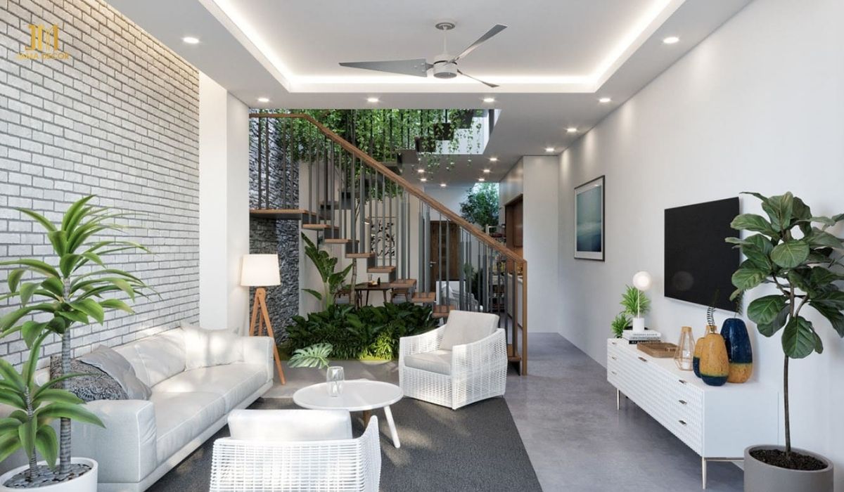 Nổi bật giữa không gian trắng tinh là những mảng xanh tràn đầy hơi hướng của tự nhiên