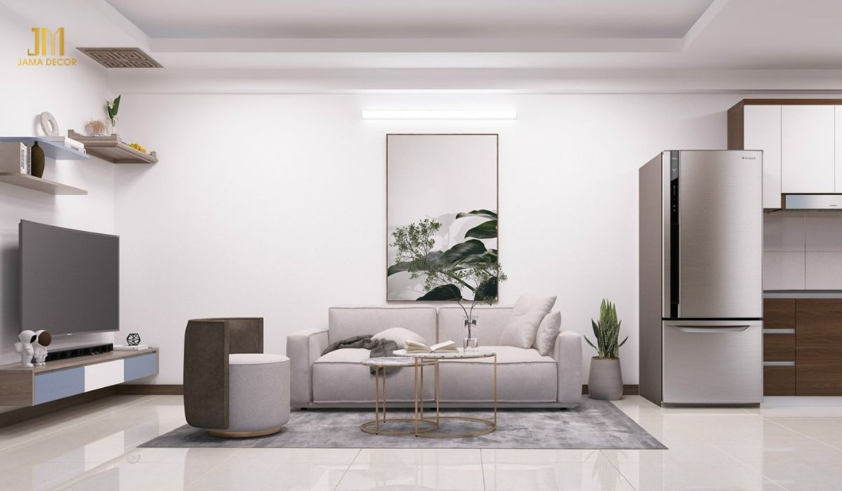 Phòng khách liền bếp tối giản là một cách tuyệt vời để tạo ra một không gian sống rộng rãi và thoáng mát