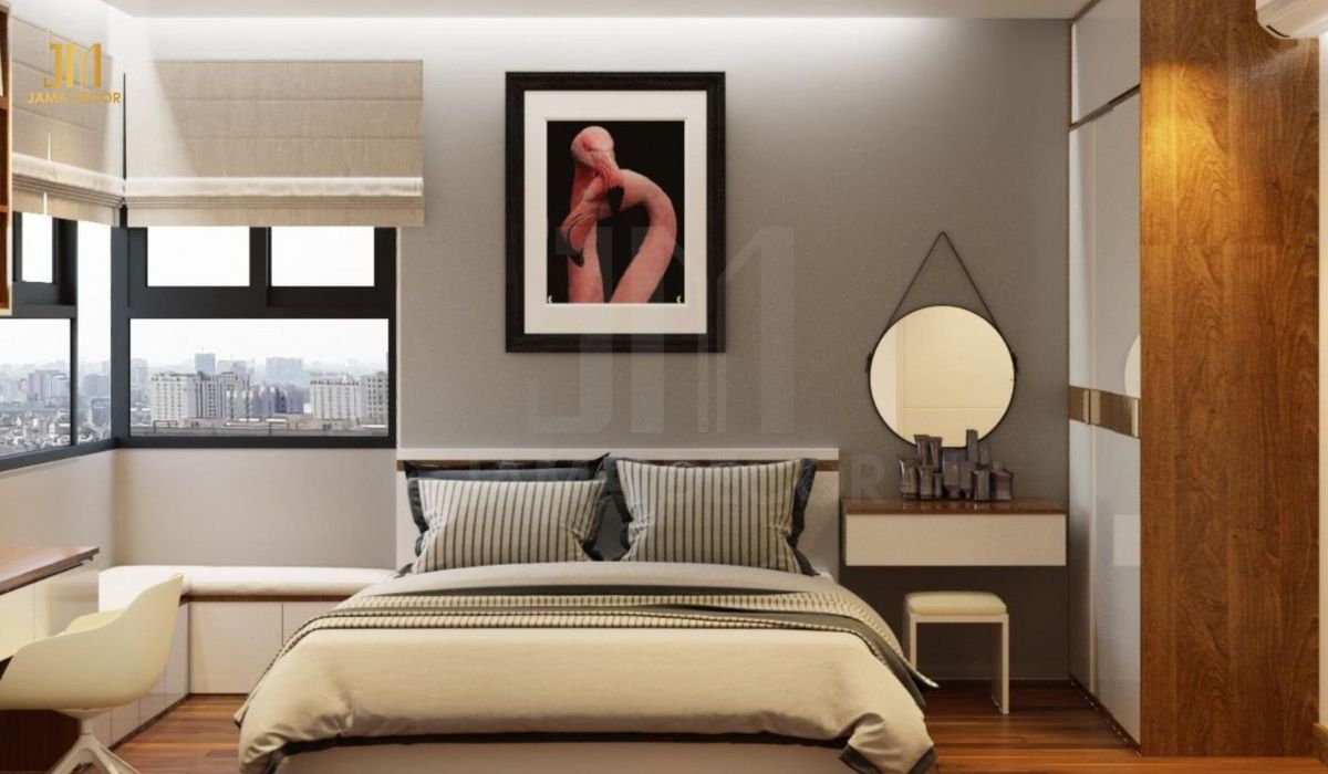 Đặt giường ngủ ở trung tâm là một cách độc đáo để tạo điểm nhấn cho phòng ngủ